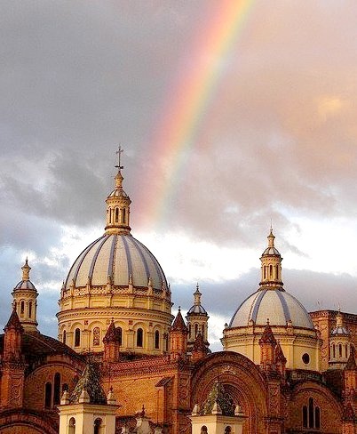 Rainbow above Cathedral of the Immaculate Conception in Cuenca, Ecuador
